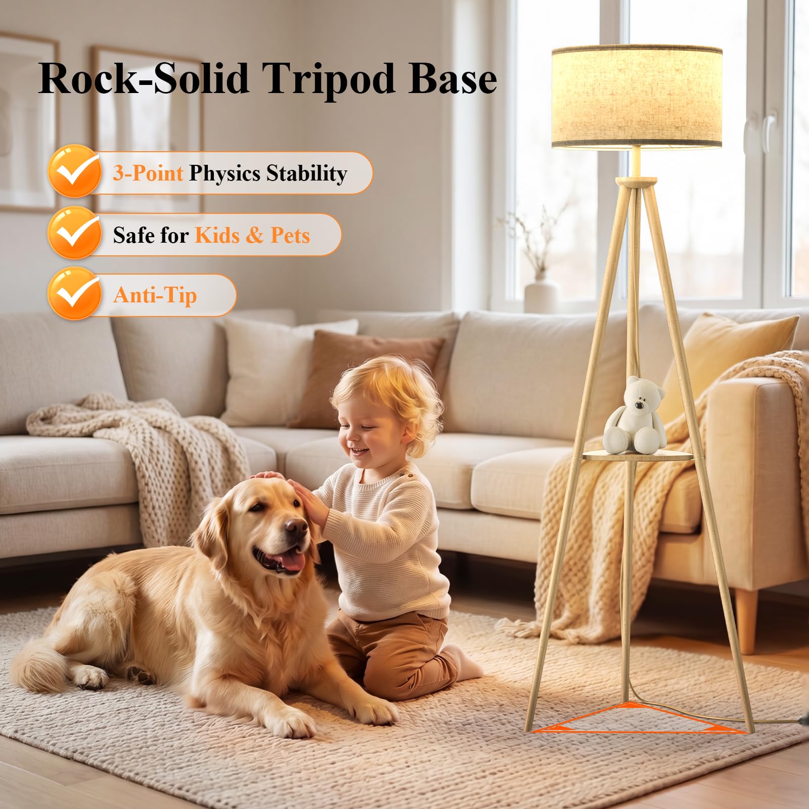 Dreibein Stehlampe Wohnzimmer mit Regal - 12W Holz LED Dimmbar Stehende Lampe mit Fernbedienung & E27 Lampe, Stehend Leselampe für Schlafzimmer, Büro, Hellbraun – Dreieckiges Regal