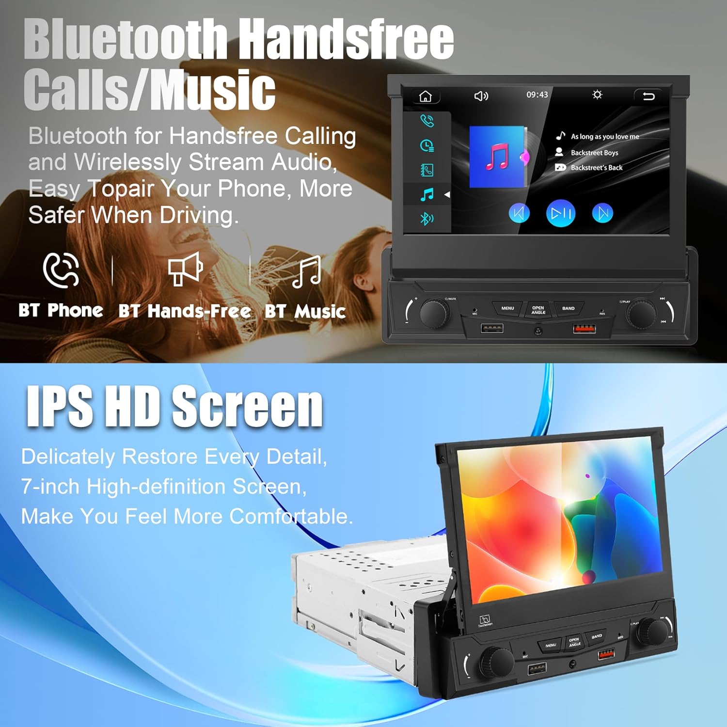 Car stereo displaying Apple CarPlay and Android Auto interfaces, and a separate section showing Mirror Link functionality for iOS and Android devices with a navigation app displayed.
