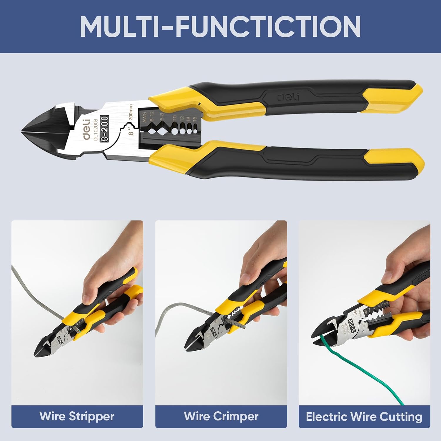 DELI 3PCS Pliers Set, Large 7 in 1 Multifunctional Wire Stripper Crimper Cutter, 9" Long Nose, 9" Linesman, 8" Diagonal Side Cutting