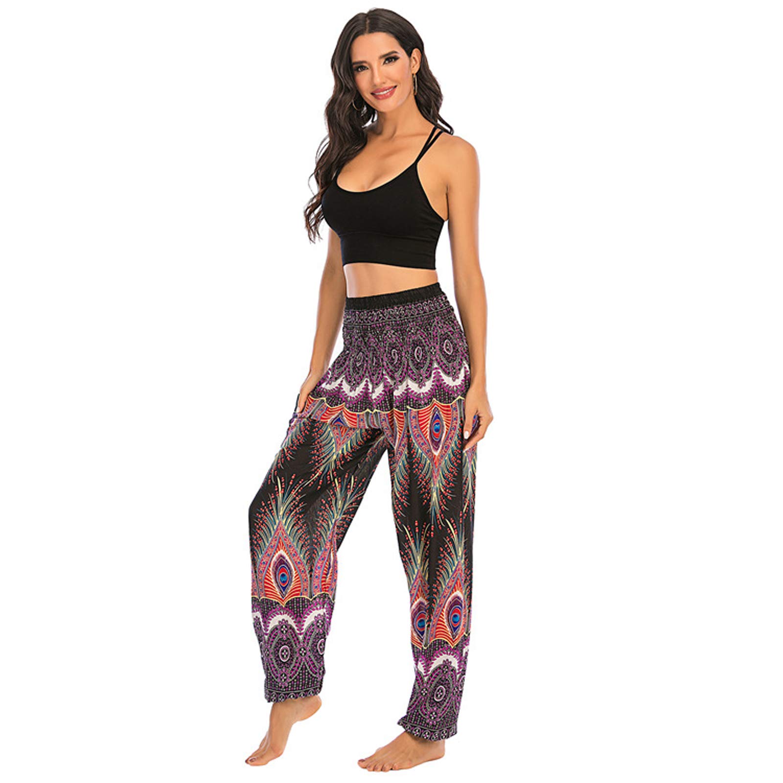 Sarouel Femme Pantalon Hippie Élastique Pantalon Jogger Poche Baggy Taille Haute Gym Sport Lounge Pantalon pour Yoga Summer Plage 002-Taille Unique