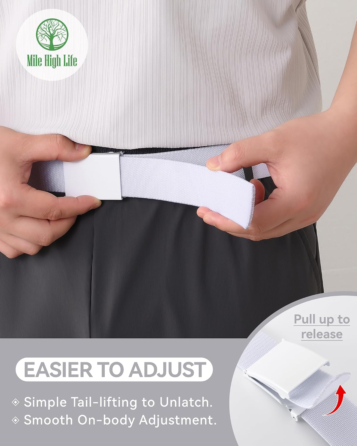 Mile High Life Stretch Canvas Belt for Men, Golf Casual Elastic Web Belt, Top Military Buckle, Adjustable Cut to Fit