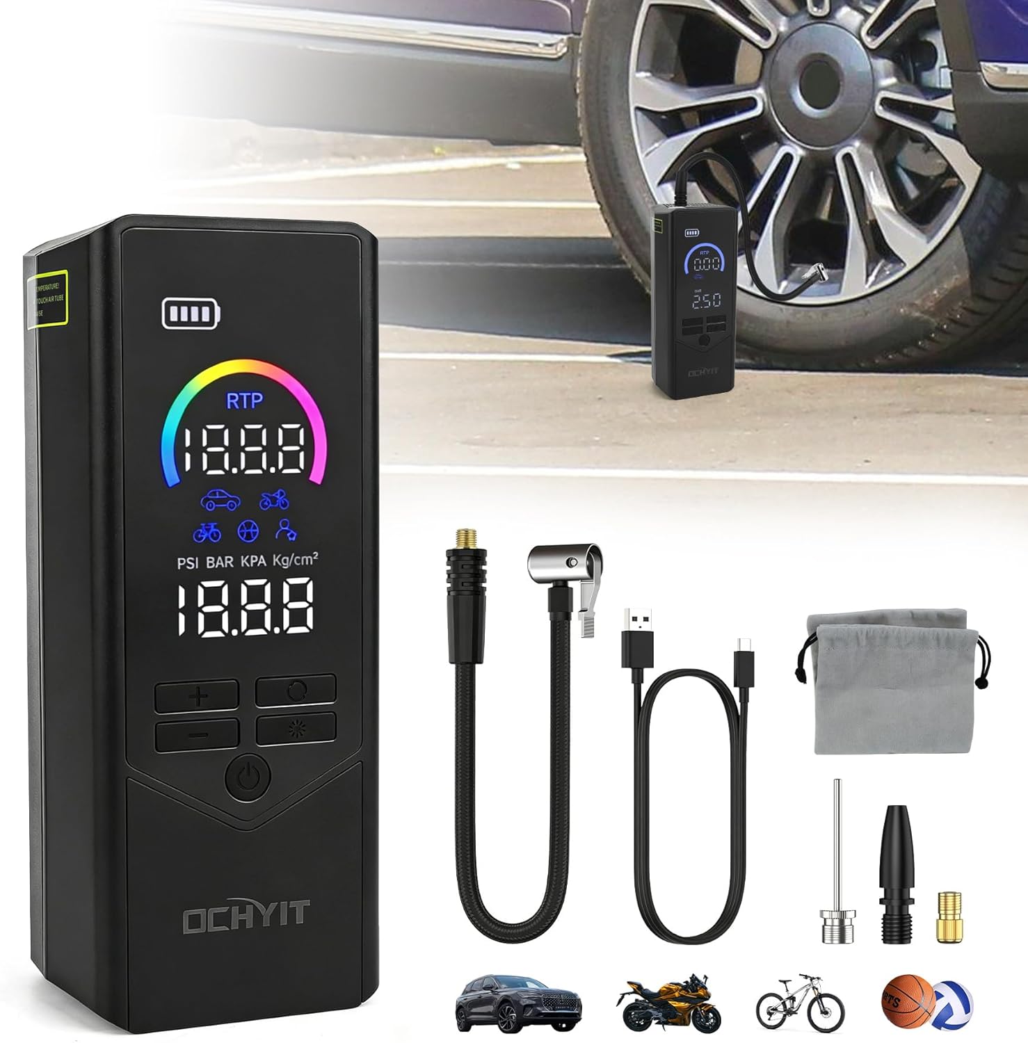 Tire Inflator Portable Air Compressor,150PSI Cordless Air Pump for Car Tires with Color Screen Digital Pressure Gauge Led Light - 7500 mAh Rechargeable Battery Electric Pump for Car Moto Bike Balls