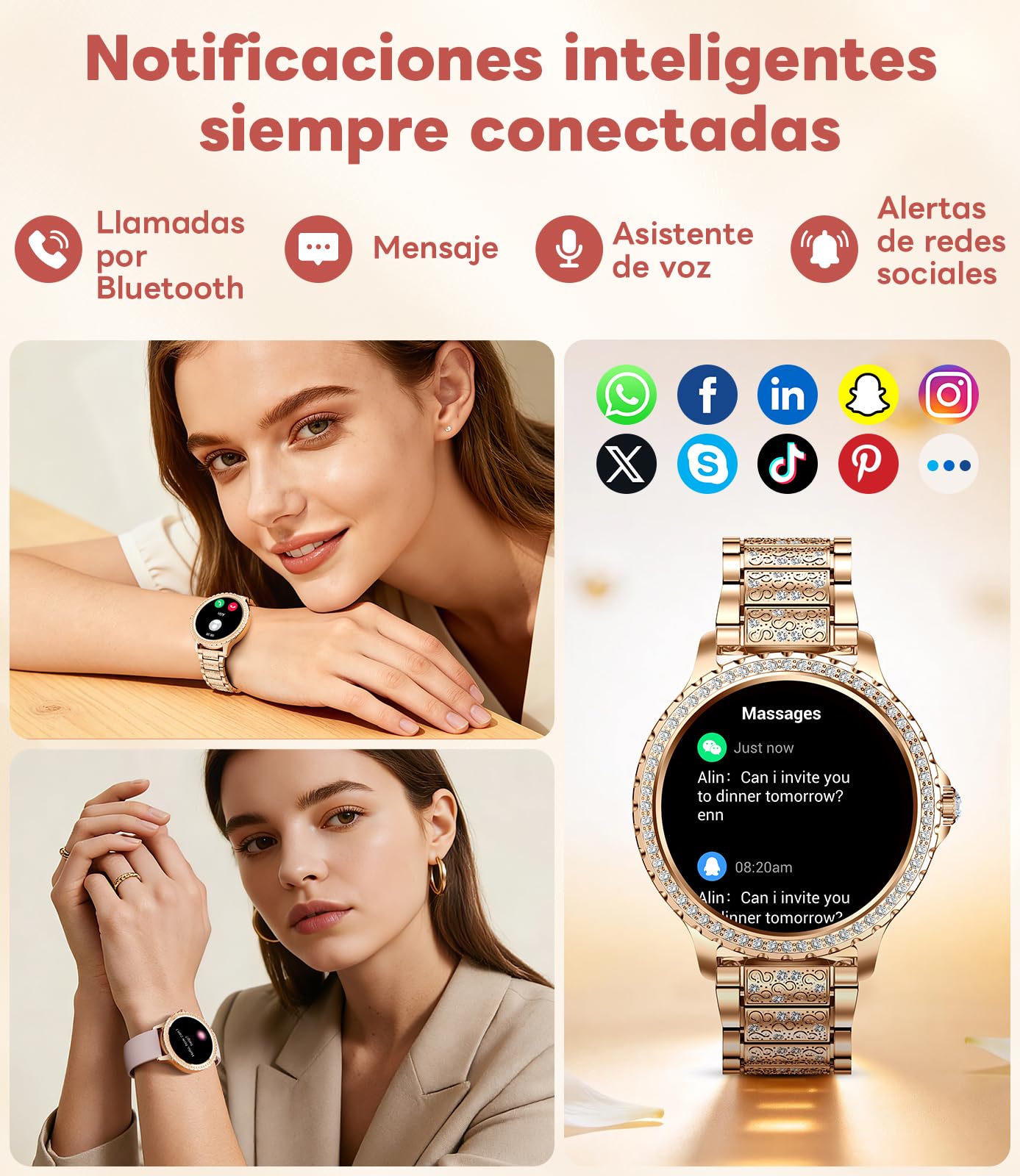 LIGE Reloj Inteligente Mujer, 1.32" Diamante Smartwatch, Oro Rosa | 500+ Esfera, A prueba de agua IP68, 100+ Deportes, Monitor de Sueño, Podómetro, Llamada Bluetooth, Correa de Acero Inoxidable