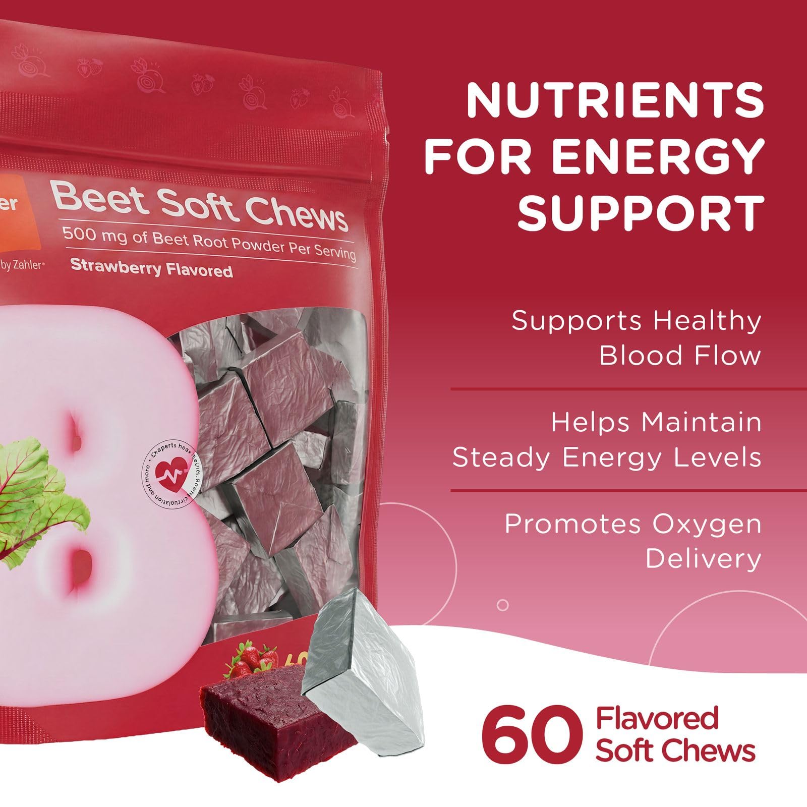 Zahler Beet Soft Chews – Beet Root Chews with 500 mg Beetroot Per Serving – Strawberry Flavored Chewable Supplement for Blood Circulation, Energy & Nitric Oxide Support – Kosher, Vegetarian (60 Count) — Amazon image 3