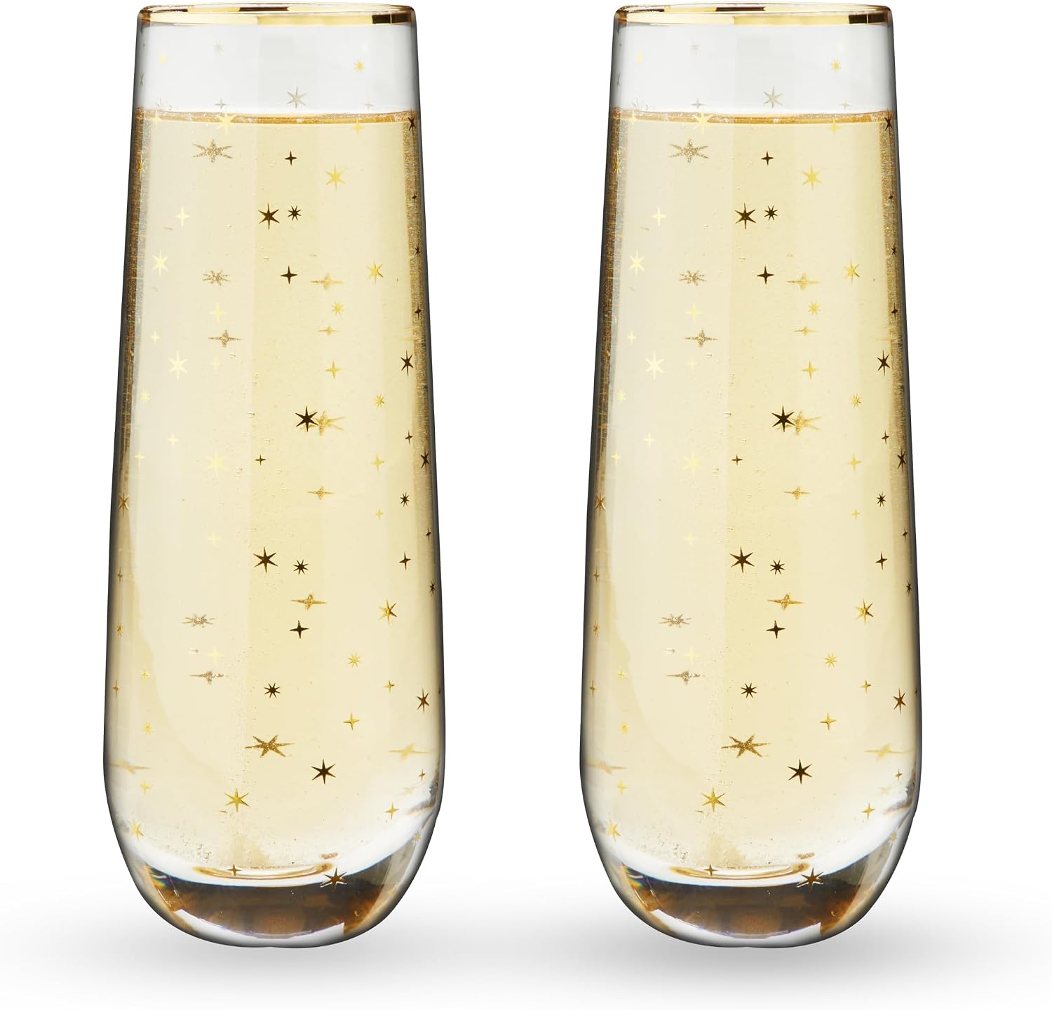 Twine Starlight Stemless Champagne Flutes, Gold Rim and Stars Pattern, Sparkling Wine Glasses for Prosecco, Sparkling Cocktails, Mimosas, Elegant Glassware for Wedding Gifts, Home Bar, 10 oz, Set of 2