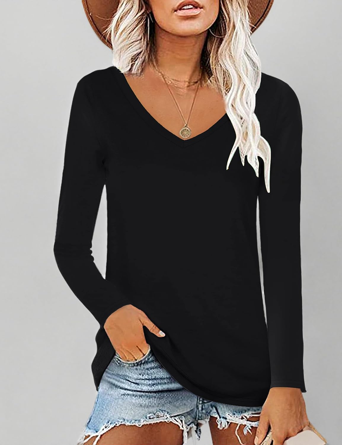 Elesomo Womens T Shirts V Neck Summer Short/Long Sleeve Cotton Tops Tees - Image 6