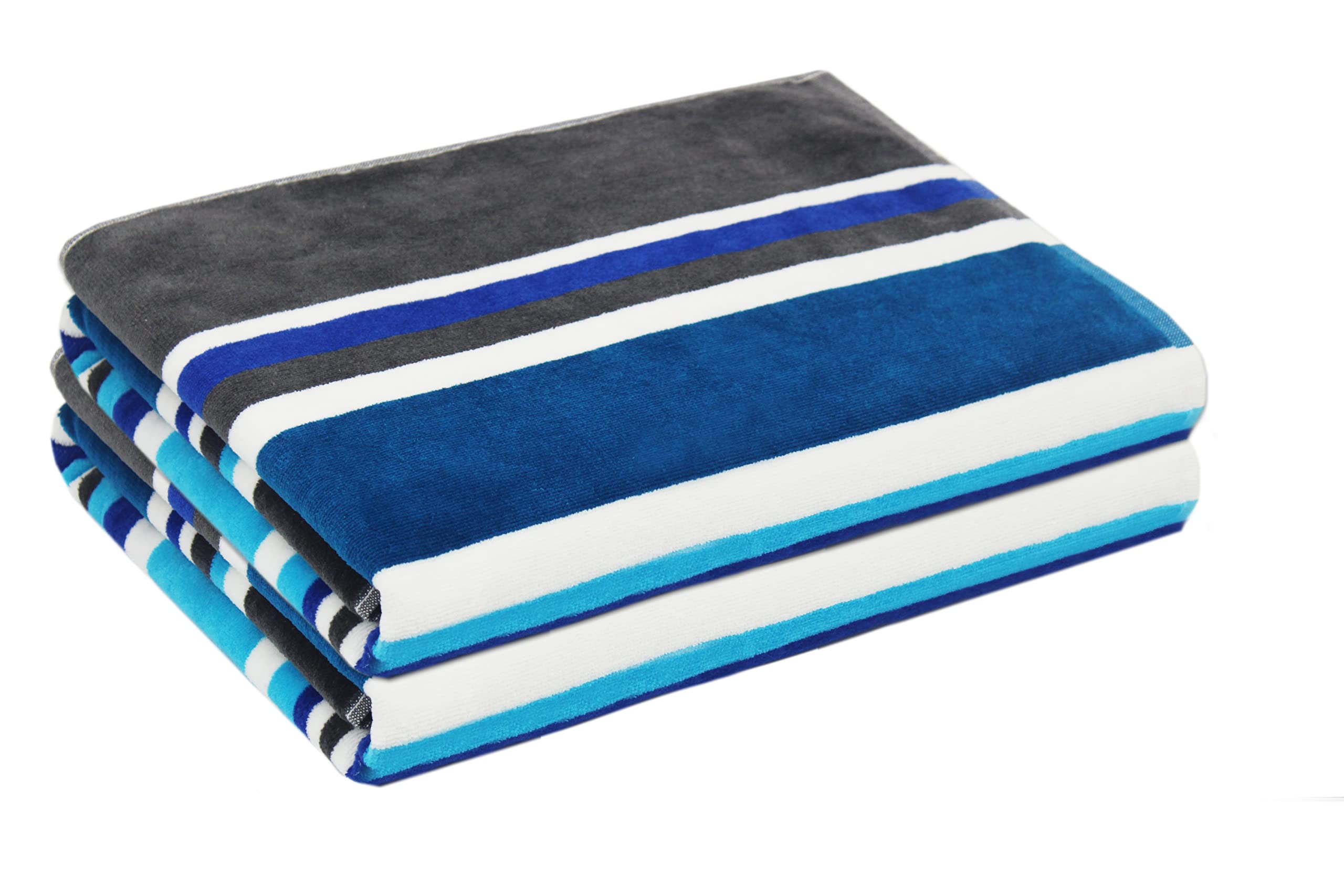 COTTON CRAFT - Paquete de 2 toallas de playa de terciopelo tejido jacquard XL - 39 x 68 pulgadas - 100% algodón - Rayas azules Cancún - 450 g/m² - Cada toalla pesa 0.77 kg
