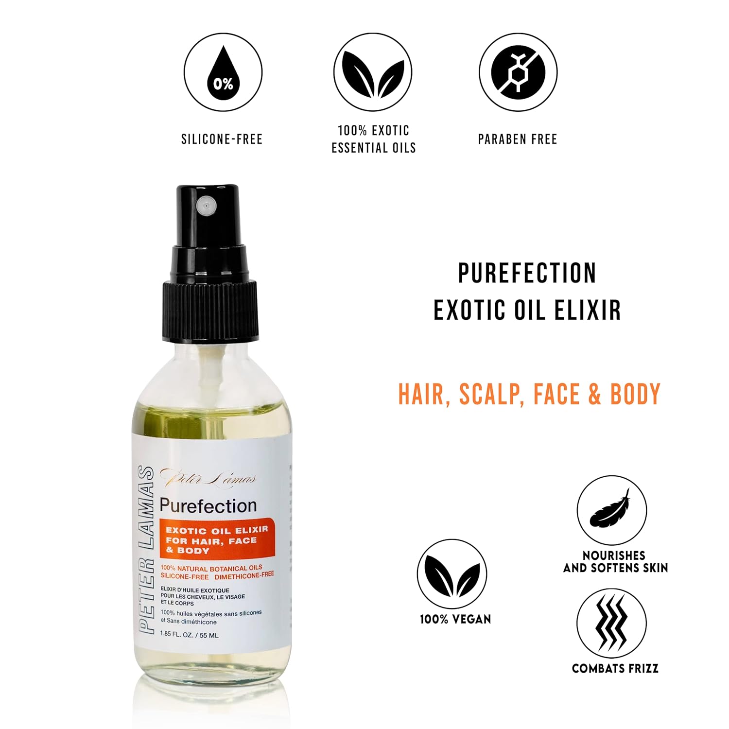 Peter Lamas ​​Purefection Exotic Oil Elixir, Multi-Use Oil for Hair, Scalp, Face & Body | Restore Shine, Boost Supple Skin with Moisturizing Natural Botanical Oils | Vegan, Paraben and Sulfate-Free
