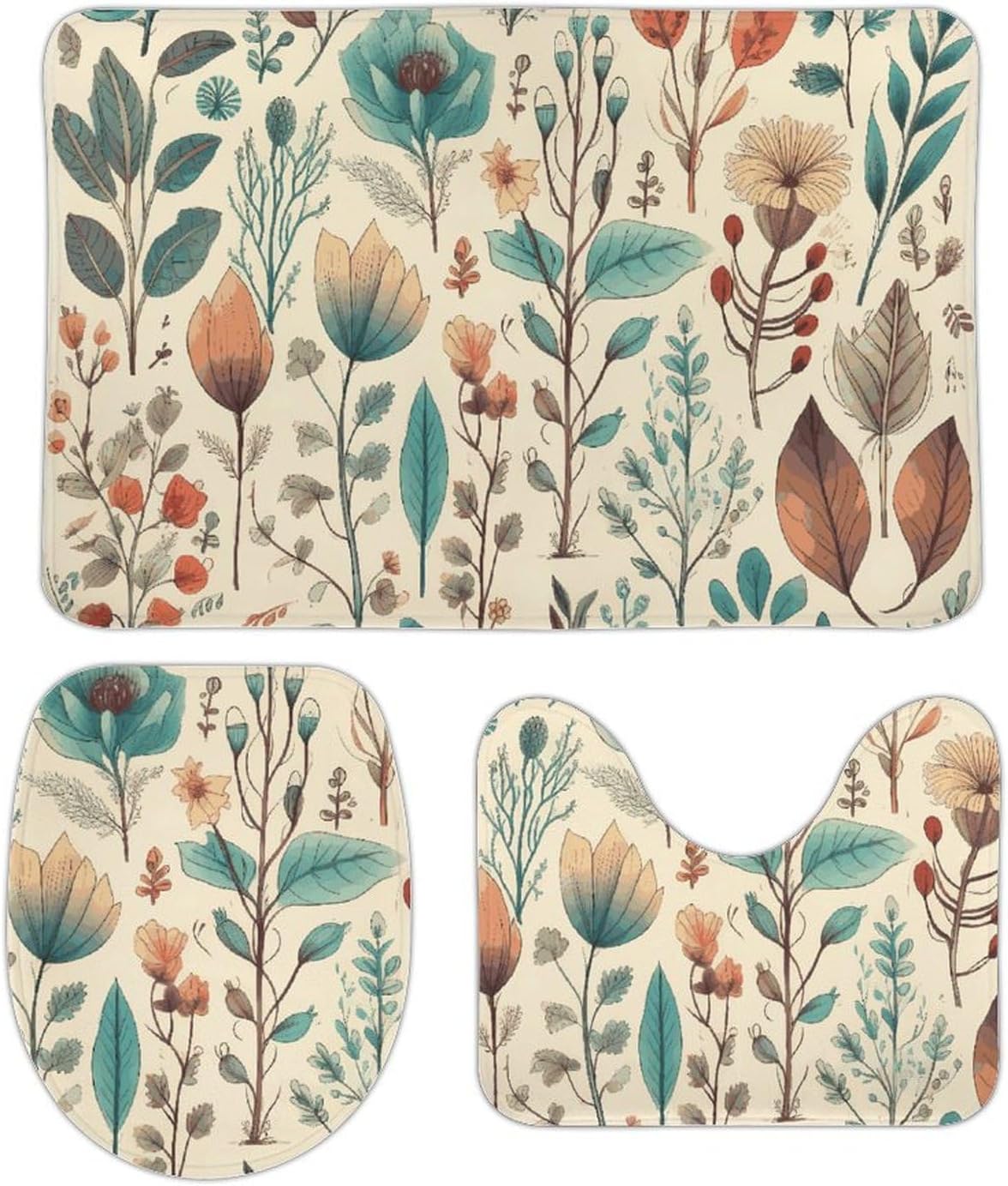 Anti-Skid Floor Mats 3 Piece Set,Flowers and Leaves Printed Coral Fleece Bathroom Mats U-Shaped Contour Mat Toilet Seat Cover for Bathroom, Tub, Shower, Kitchen 19.7"x31.5"