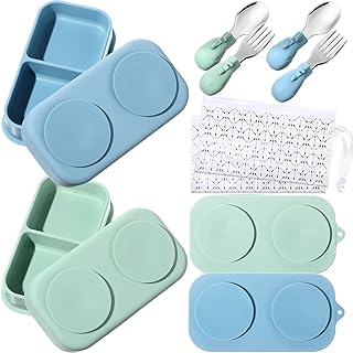 Uiifan 2 Pack Baby Suction Plate Set Silicone Suction Plate with Lid Divided Bowls for Portable Toddler Utensils Compact for Self Feeding Baby Travel Essential(Blue, Sage Green)