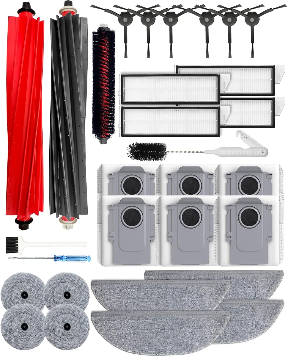 30pcs Accessories Kit for Roborock S8 MaxV Ultra/S8 Max Ultra Robot Vacuum Cleaner, Replacement parts with 6 Activated Carbon Dust Bags, 2 Main Brushes, 4+4 Mop Cloths, 4 HEPA Filters, 6 Side Brushes