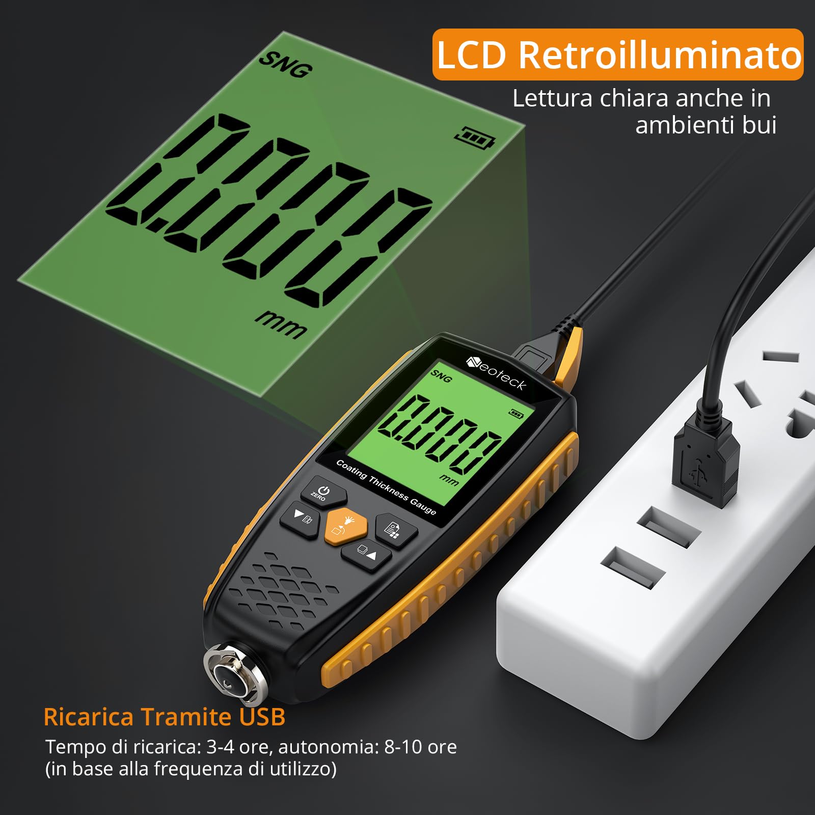 Neoteck Misuratore di Spessore Vernice 0-1300um Spessimetro LCD Retroilluminazione Auto Spegnimento Automatico