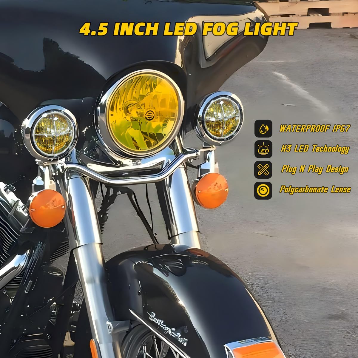 4.5" Motorcycle Auxiliary Lights Motorcycle Fog Lights Led Kit Passing Lamps Spotlights & Housing Bucket with Turbine Lens for Harley Honda Kawasaki Suzuki Yamaha Cruiser(Yellow)