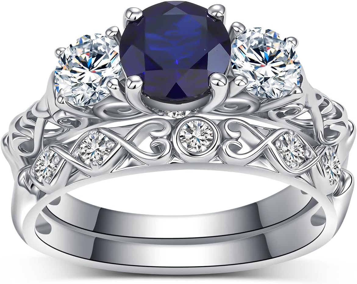 2.75 Carat(ctw) Round-Cut Sapphire Engagement Rings Sets for Women,925 Sterling Silver 3 Stones Moissanite Wedding Rings Sets,Bridal Ring Sets for Anniversary Birthday