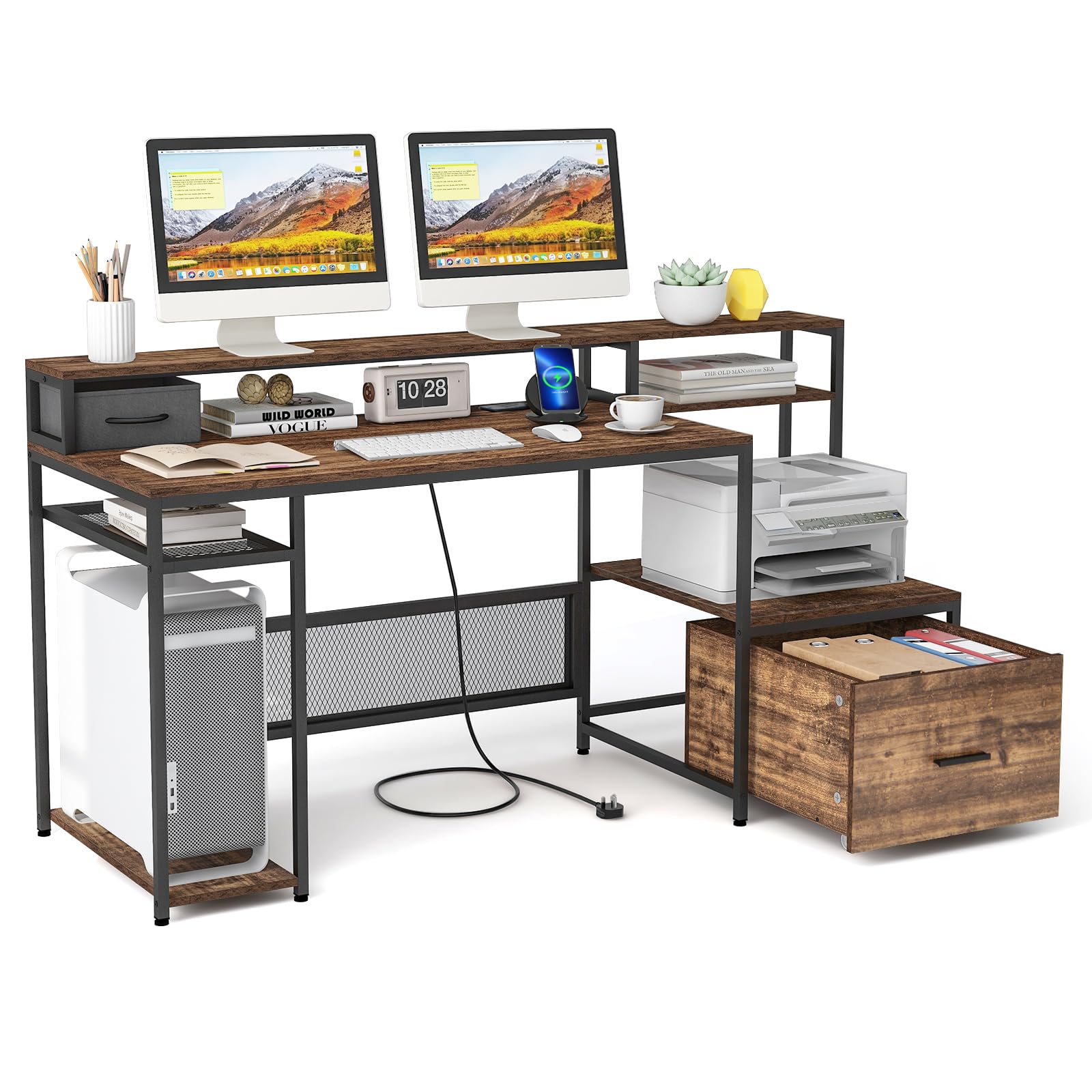 COSTWAY Escritorio con Cajones 170 x 60cm, Mesa Escritorio con Tomas de Corriente y Puertos USB, Mesa Ordenador con Soporte para Monitor y Estanteria, Marrón Rústico