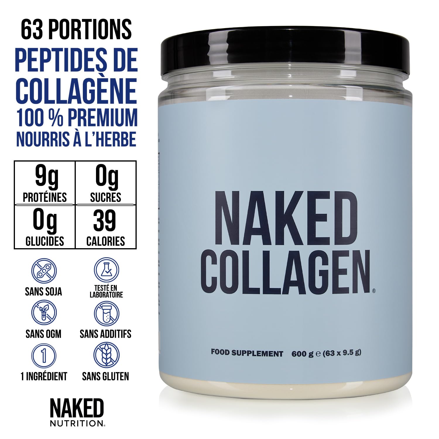 Poudre de peptides de collagène NAKED – 63 doses – Collagène hydrolysé issu de bovins élevés en pâturage et nourris à l’herbe – Sans goût – Compatible Paléo – Sans OGM – Keto – Sans gluten – 600 g