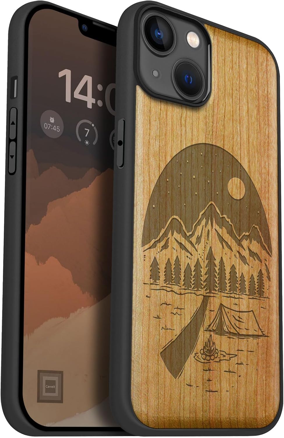 Carveit Magnetic Wood Case for iPhone 14 Plus - Natural Wood & Black Soft TPU - Shockproof Protective Cover - Unique & Classy Wooden Case - Compatible with MagSafe (Wilderness Night -Cherry)
