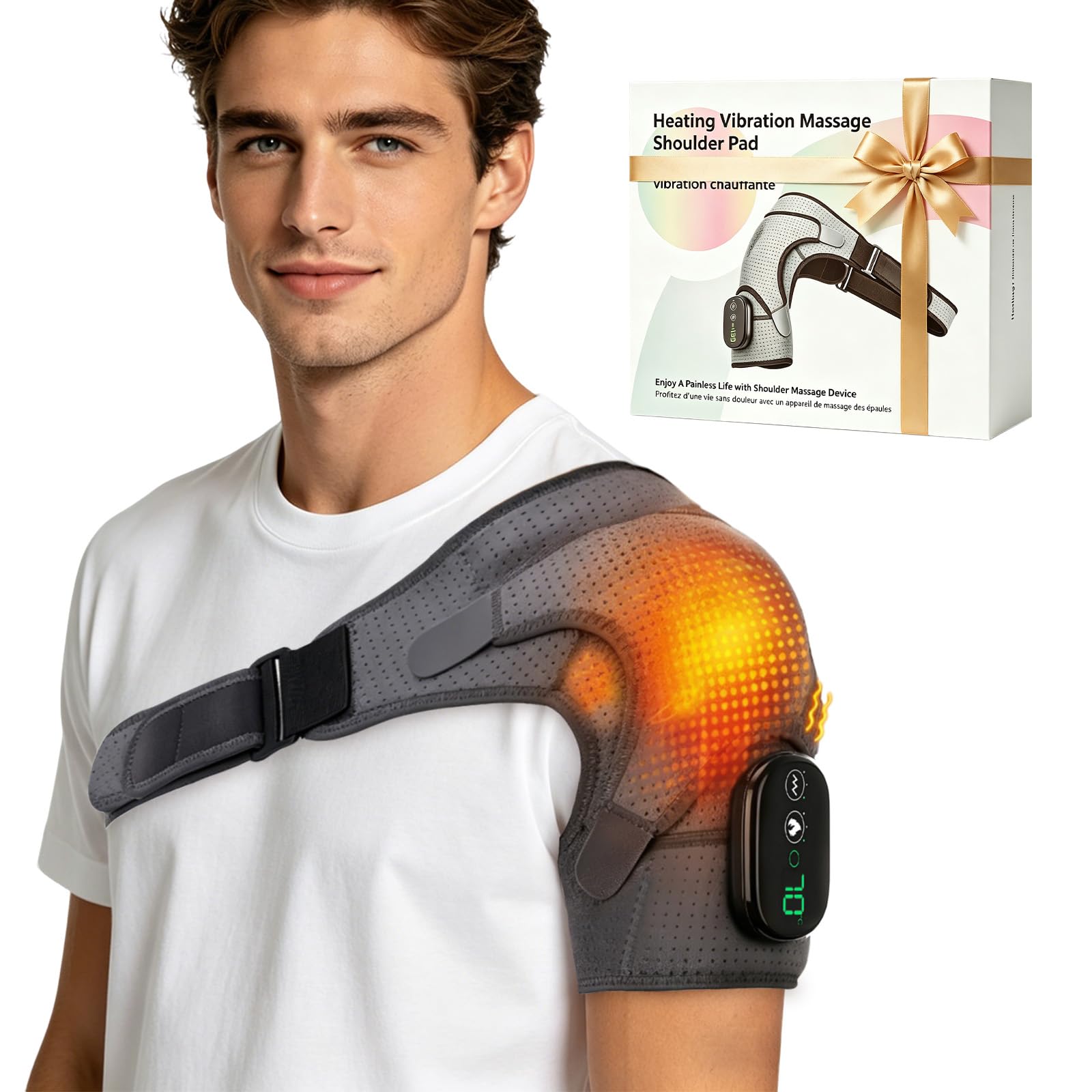 Schultermassagegerät mit Wärme, Schulterheizungsbandage mit einstellbarer 3-stufiger Wärme und Vibration, passt für linke oder rechte Schulter von Männern Frauen (Grau)