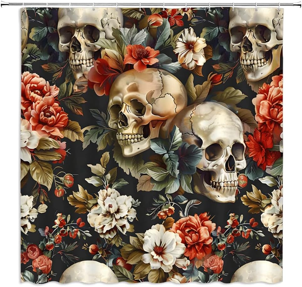 Skull Floral Shower Curtain Gothic Skeleton Bone Red White Floral Leaves Watercolor Vintage Wildflowers Halloween Fabric Bathroom Decor Curtains with Hooks,82 x 70