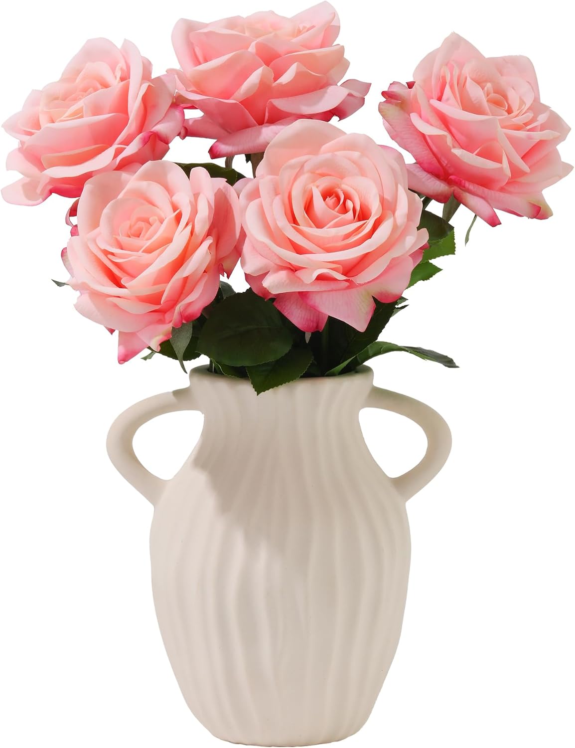 5Pcs Pink Artificial Roses Flowers, Real Touch Faux Roses with Stem, Lifelike Fake Silk Rose Arrangements for Wedding Bridal Shower & Home Decor Indoor