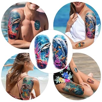 154 Sheets Old School Ocean Beach Temporary Tattoo for Women and Men, 34 Sheets Traditional Half Arm Shark Dolphin Flower Skull Fake Tattoos, 120 Sheets Tiny for Adults Kids Body Tattoos Stickers