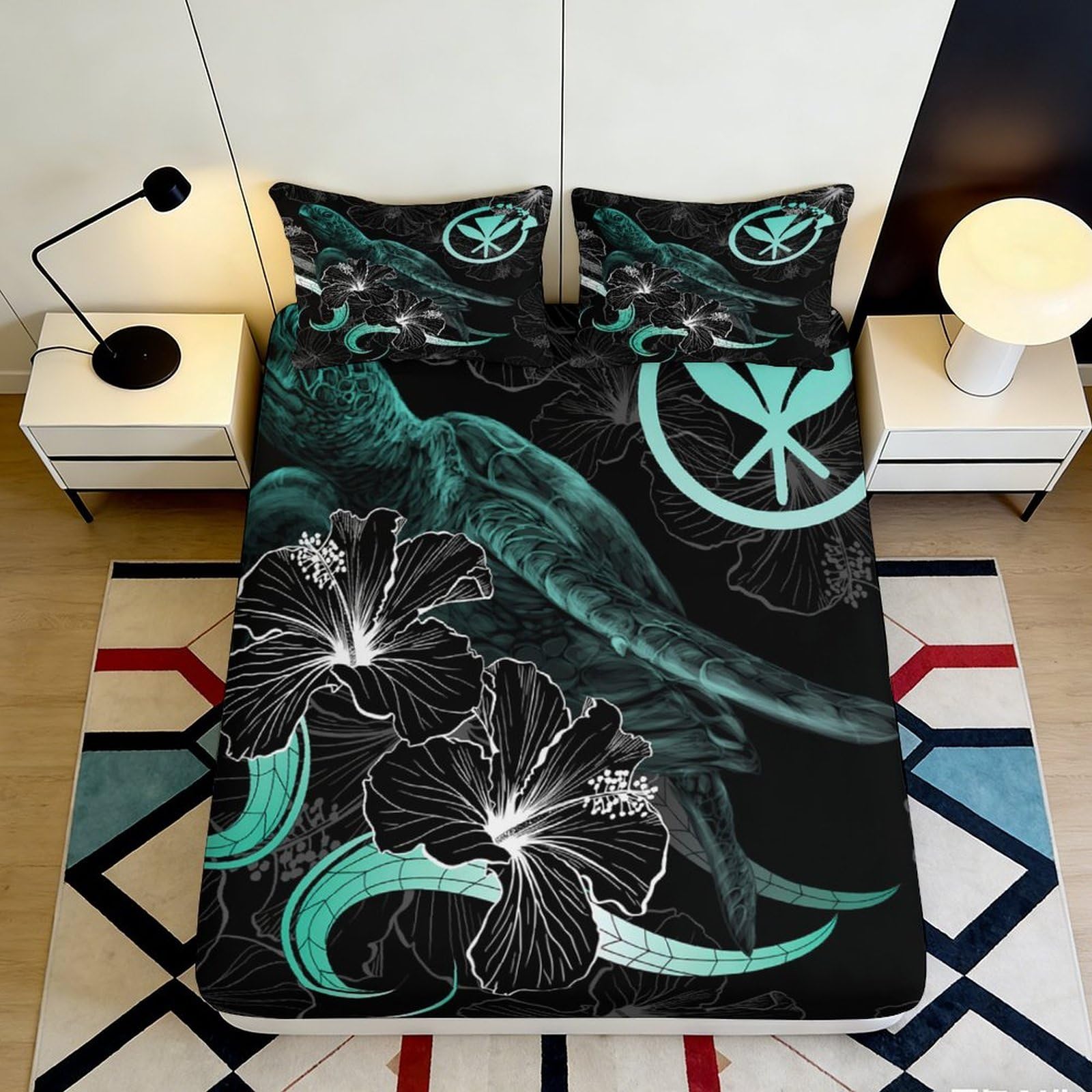 3D Printed Sea Turtle Fitted Sheet Microfiber Hibiscus Bed Cover Black Green Bedroom Decor Mattress Protection 90x200x25cm