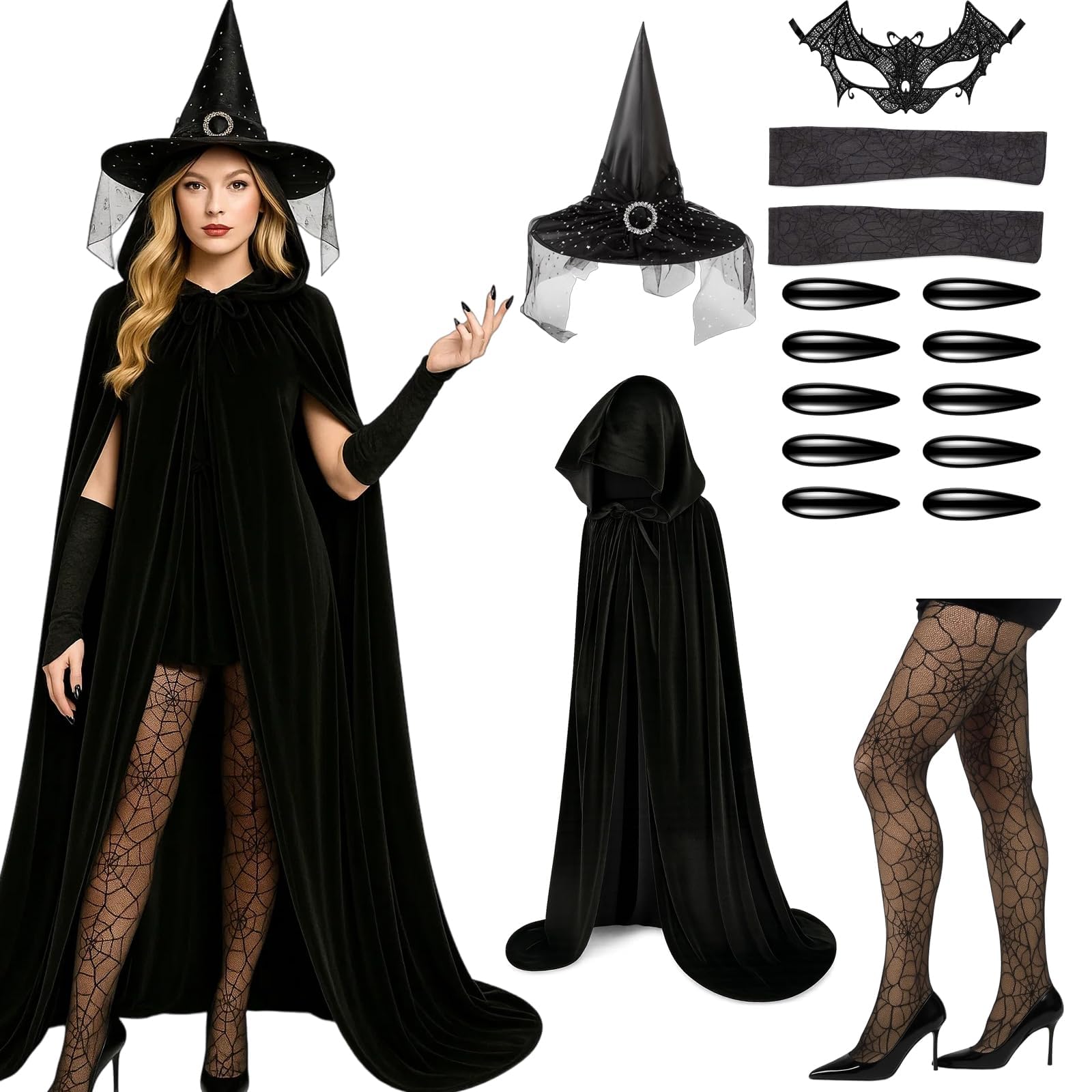 ZKFSIE 17 in 1 Witch Costumes for Women, Costumes Adult Women, Witches Hat, Black Cloak, Fishnet Stockings, Masks, Gloves, Nail, Adult Witch Costume