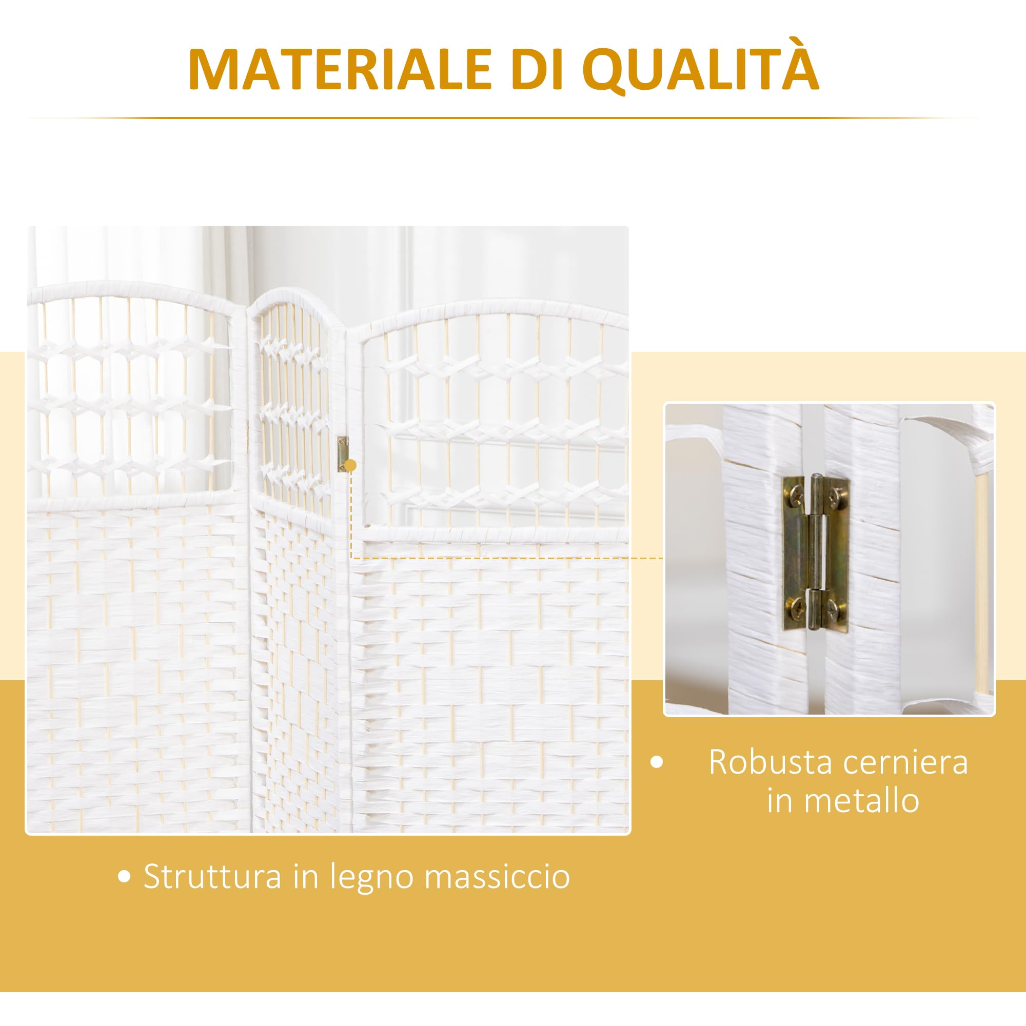 HOMCOM Paravento da Interno a 4 Pannelli Pieghevole, 160x170 cm Separé Divisorio per Ambienti Interno Autoportante Intrecciato in Corda di carta e Legno per Casa, Soggiorno e Ufficio, Bianco
