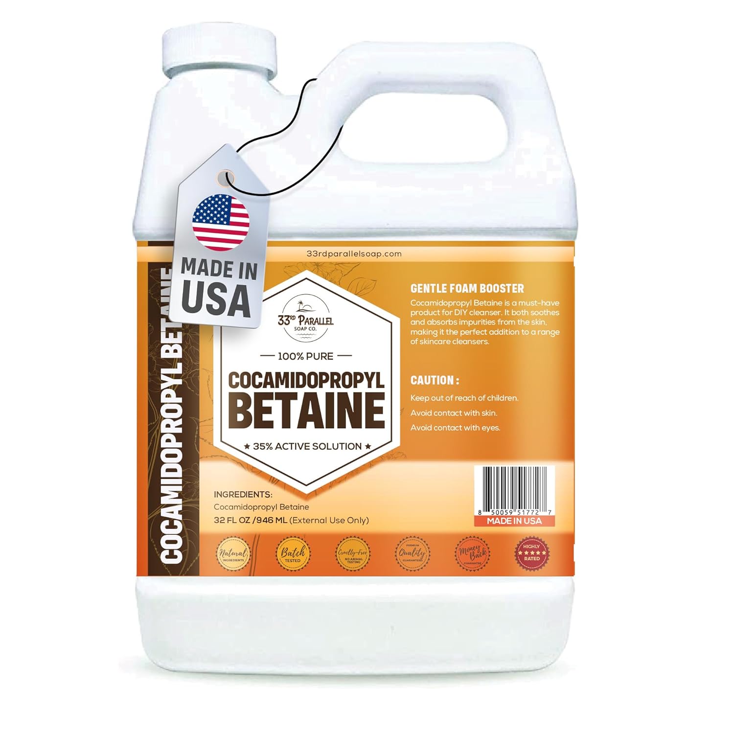 Cocamidopropyl Betaine (32oz) Natural Surfactant | Premium Coco Betaine Liquid, Cosmetic Grade, Gentle on Skin | Suitable for Facial Cleansers, Shampoos, Body Washes, Bubble Baths, Soap | 32 OUNCES