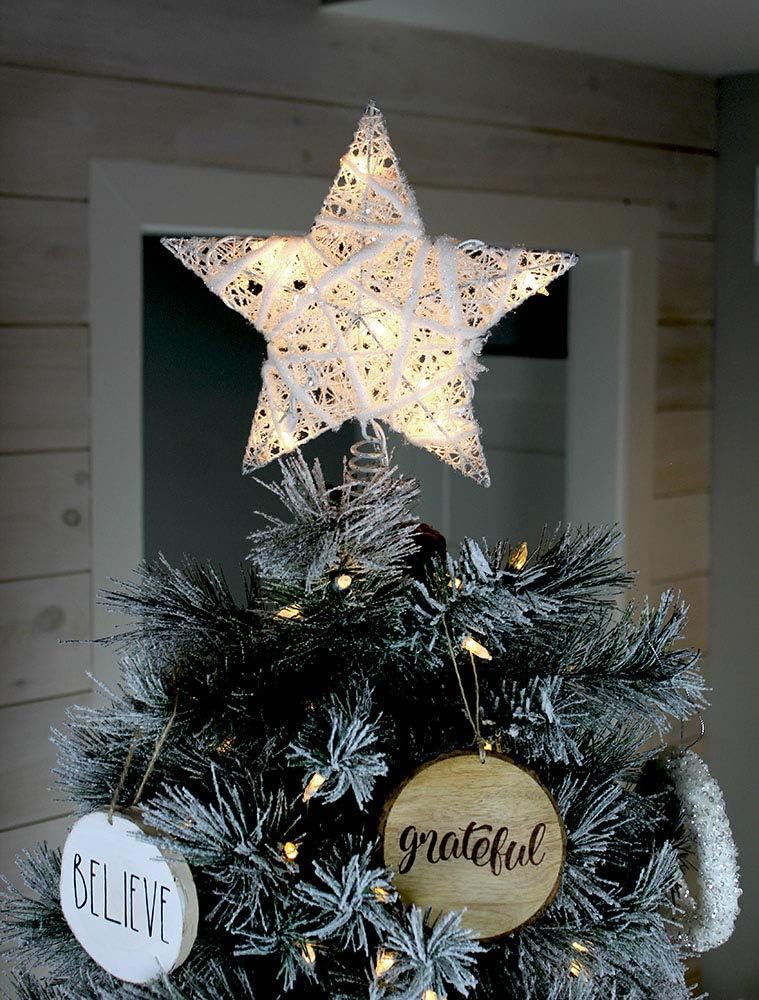 SAM + OLLIE Rustic Christmas Tree Topper Star, 10 Light Indoor White And Natural Cotton Star Tree Topper