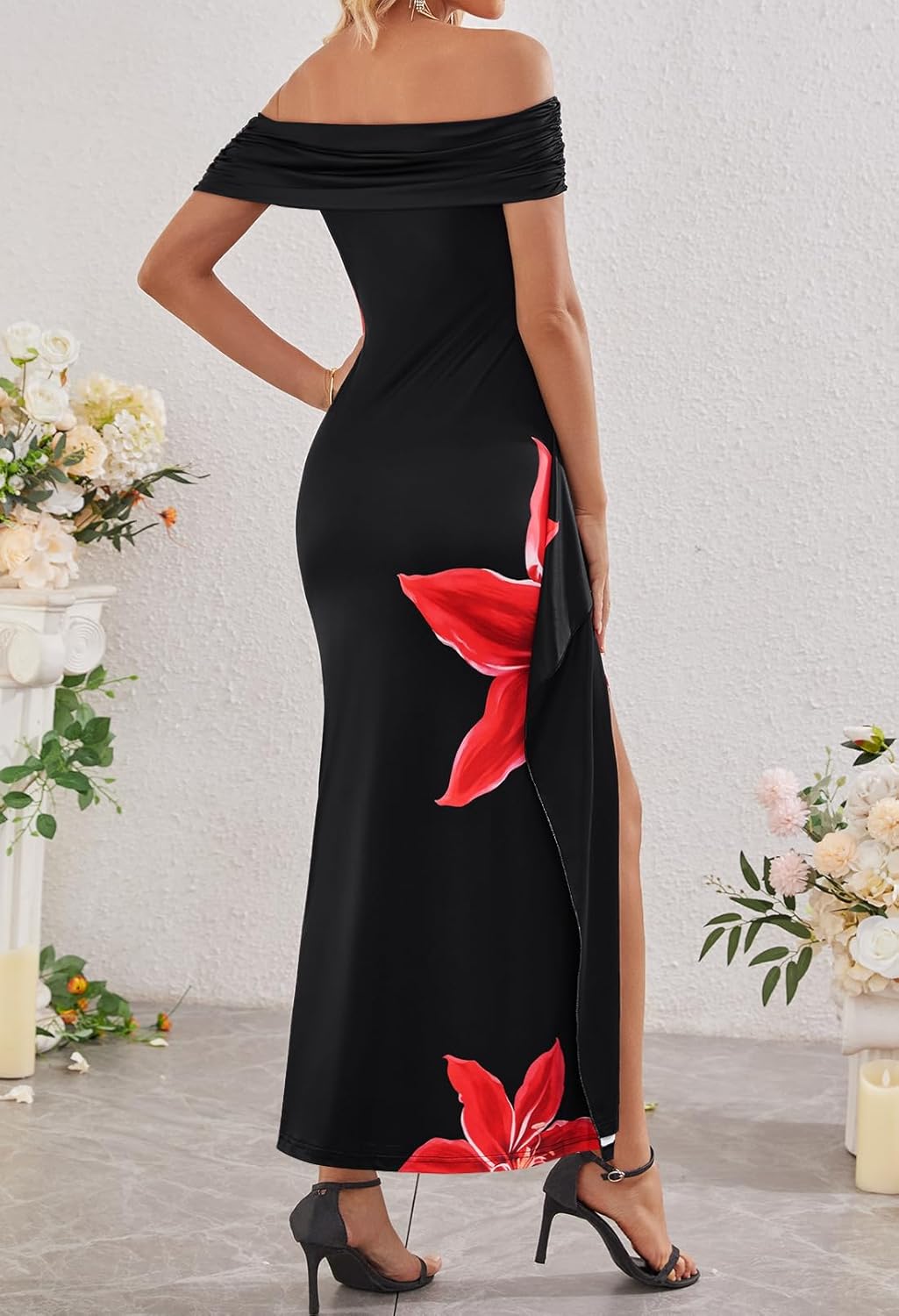 MEROKEETY Women's Floral Off Shoulder Maxi Dresses 2025 Sexy High Split Cocktail Wedding Guest Dress - Image 4