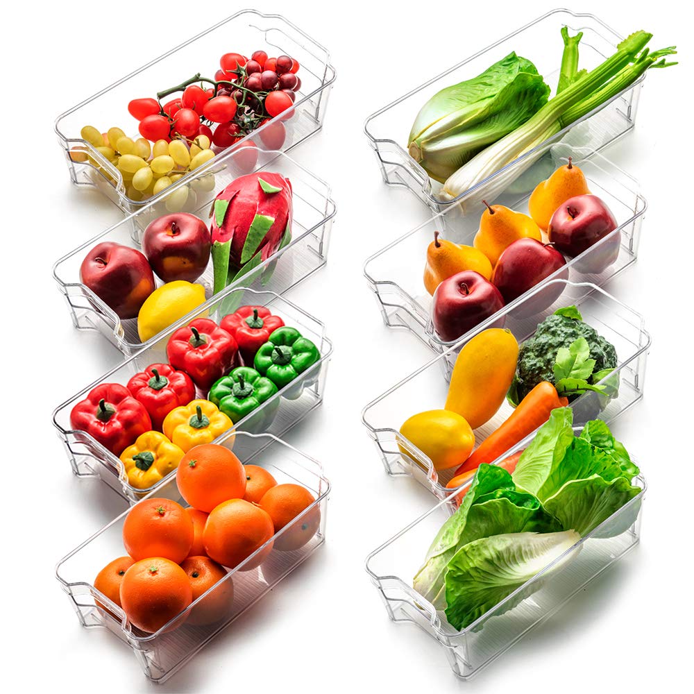 Set of 8 - Jinamart NARROW Stackable Storage Organizer Bins for Refrigerator with Handle| BPA Free Clear Plastic Fridge Container Box for Pantry, Vegetables and Cans| Freezer Organizer (8 PCS)