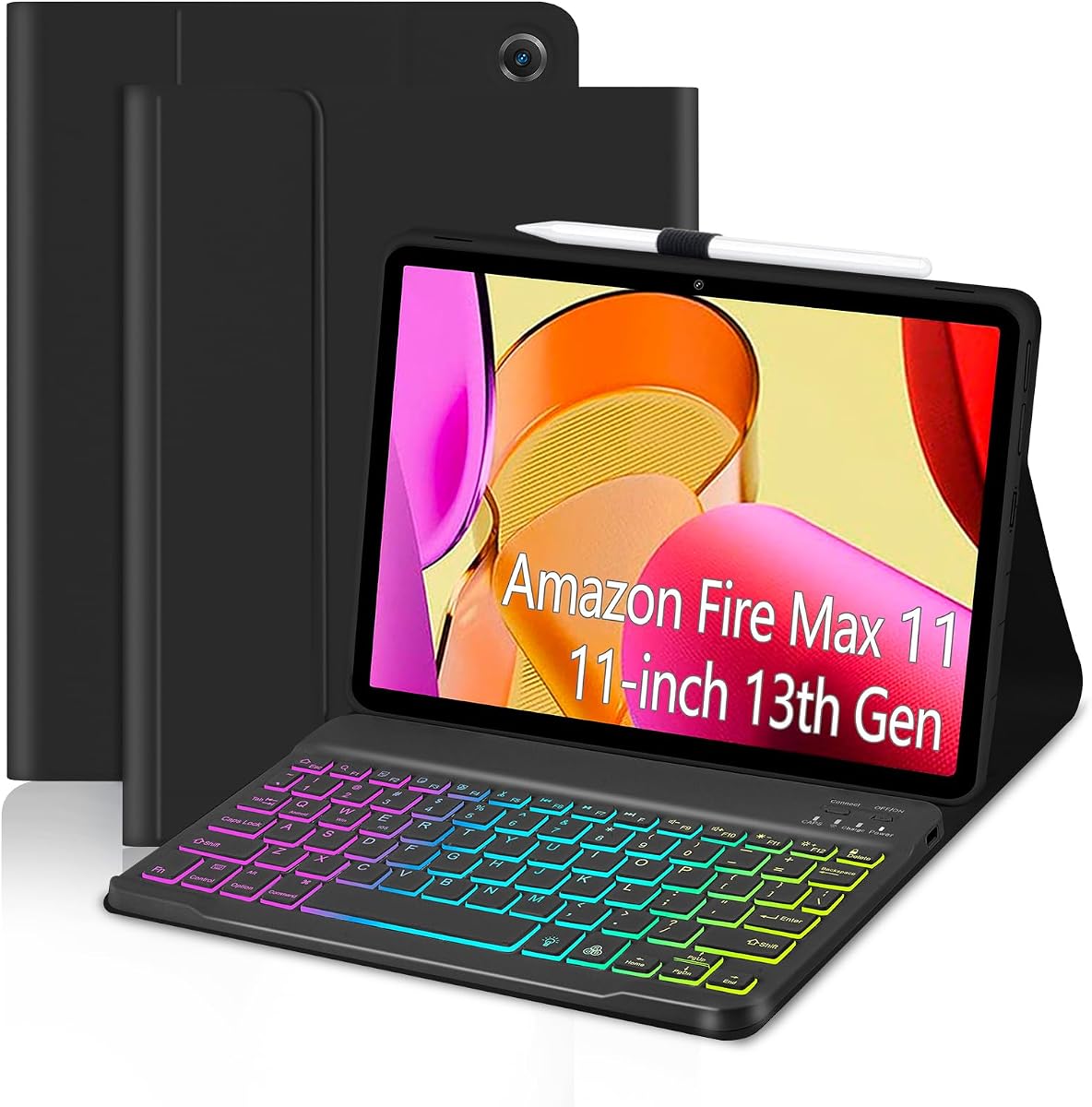 EAMPANG Funda con teclado para Amazon Fire Max de 11 pulgadas (13.ª generación, lanzamiento 2023), teclado de carga tipo C desmontable con retroiluminación arcoíris de 7 colores, estuche magnético, soporte para bolígrafo, 13.ª generación, negro con negro
