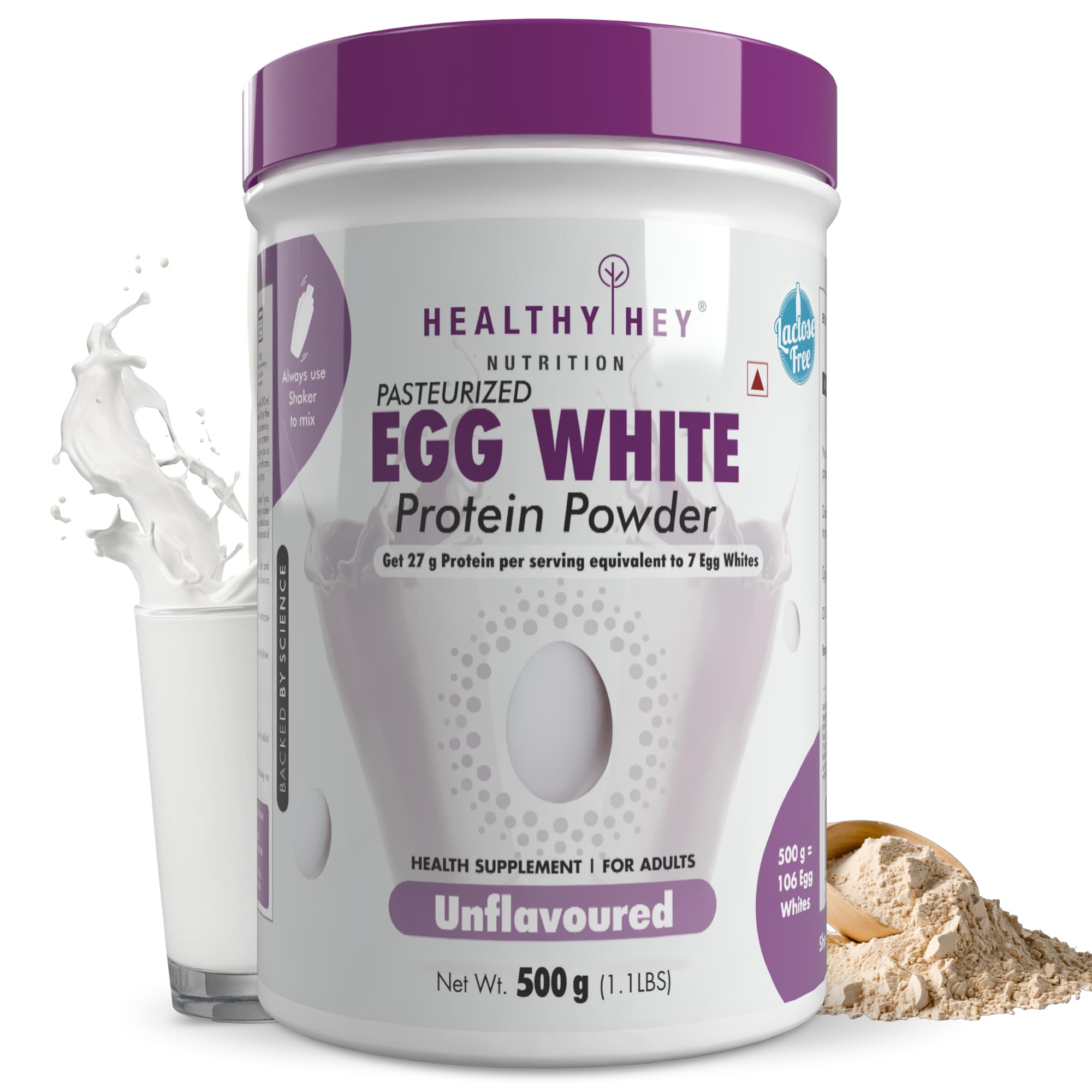 HealthyHey Nutrition 100% Egg White Protein - Instant Mix - 80% Protein - Non GMO & Lactose Free - 500g (Unflavoured), 16 Servings