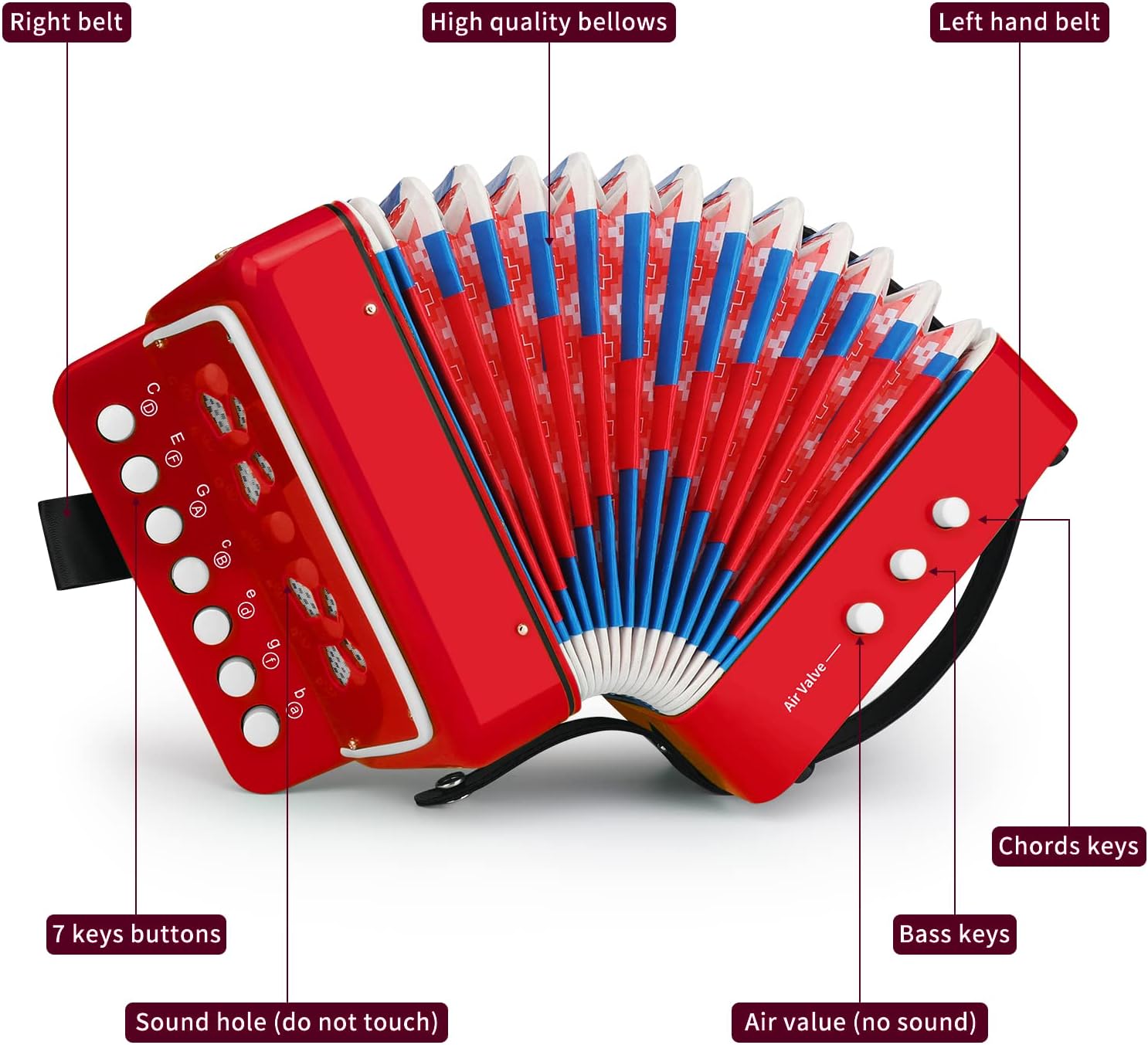 Kids Accordion, 10 Keys Control Mini Accordion Toy Gifts Easy to Play for kids Children Beginners Lightweight Musical Instrument Developmet Fit for 3 years and over (Red)