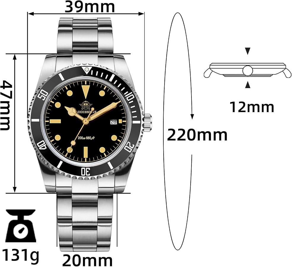 ADDIESDIVE Orologio da immersione 200m al quarzo da uomo BGW9, lunetta in ceramica luminosa, orologio analogico da uomo con cinturino in gomma AD2089, arancione, Moderno