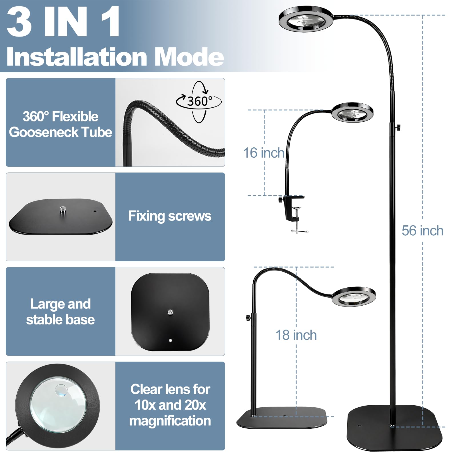 Loupe avec lumière et support, 10 loupes sur pied avec éclairage et trépied, loupe 3 en 1, 3 modes de couleur, convient pour la lecture et le dessin