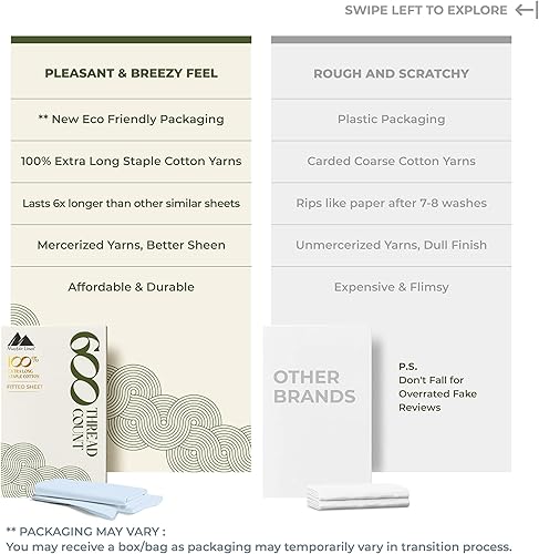 Miniatura 90 de MAYFAIR LINEN 100% Egyptian Cotton Fitted Sheet Twin Size - 600 Thread Count 16" Deep Pocket Twin Fitted Sheet Only, Soft Cooling Elastic Bottom