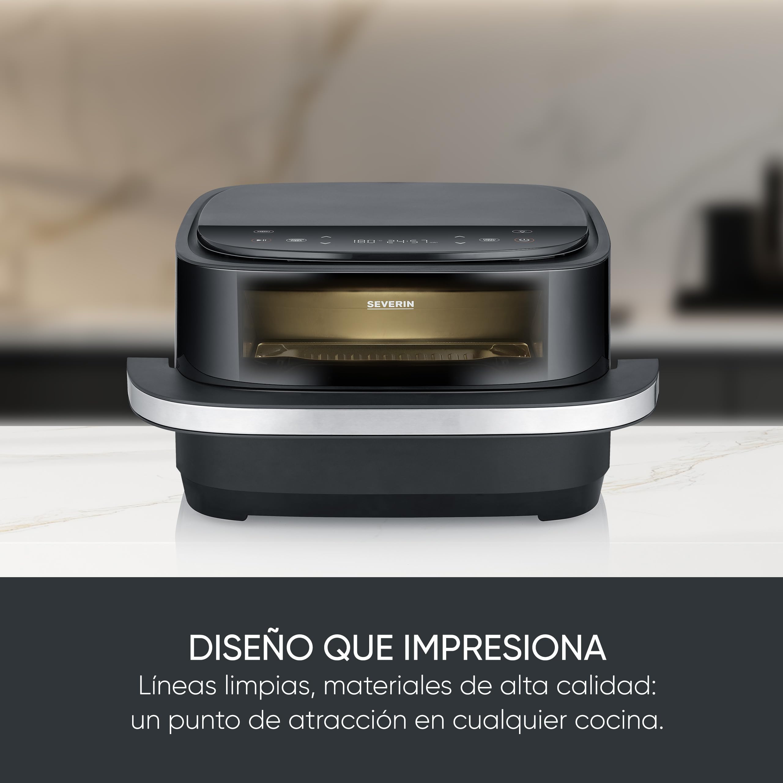 SEVERIN Freidora de aire S-Fry Pizza & More, 10 programas automáticos para pizza y más, distribución óptima del calor, forma extraancha, ventana de visualización, 4 l, 2100 W, negro, plateado, FR 2464