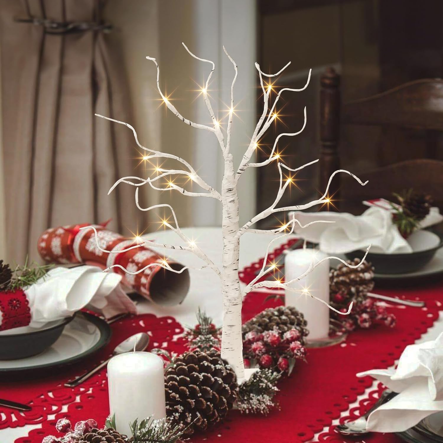 Hairui - Árbol Pequeño De Mesa Artificial Iluminado Con Copos De Nieve, 24 Luces LED, De 18 Pulgadas, Funciona Con Pilas, Con Temporizador, Para Uso En Interiores, Decoración De árbol De