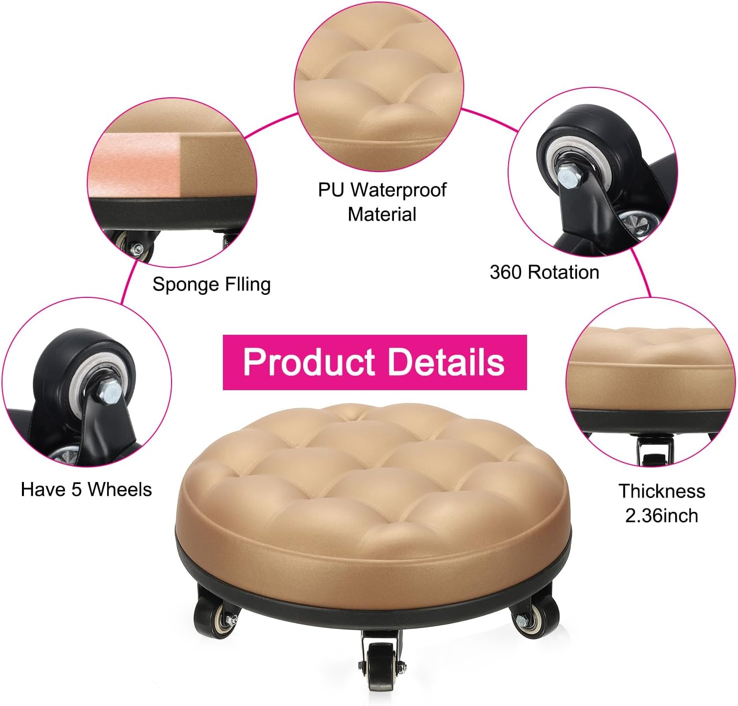 PATIKIL Low Roller Seat Wheel Stool Chair PU Leather Short Low Rolling Stool with Universal Wheel for Home Office Fitness (Gold), 5.1" Height