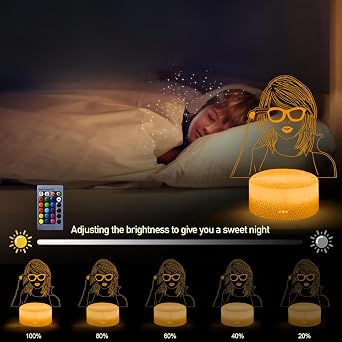 3D Illusion Night Light for Kids Bedroom, Taylor Theme 16 Colors LED Night Lamp, Dimmable Touch & Remote Control Optical 3D Visual Light, USB/Battery Powered Safe Nightlight for Boys Girls Fans Gift [Energy Class A]