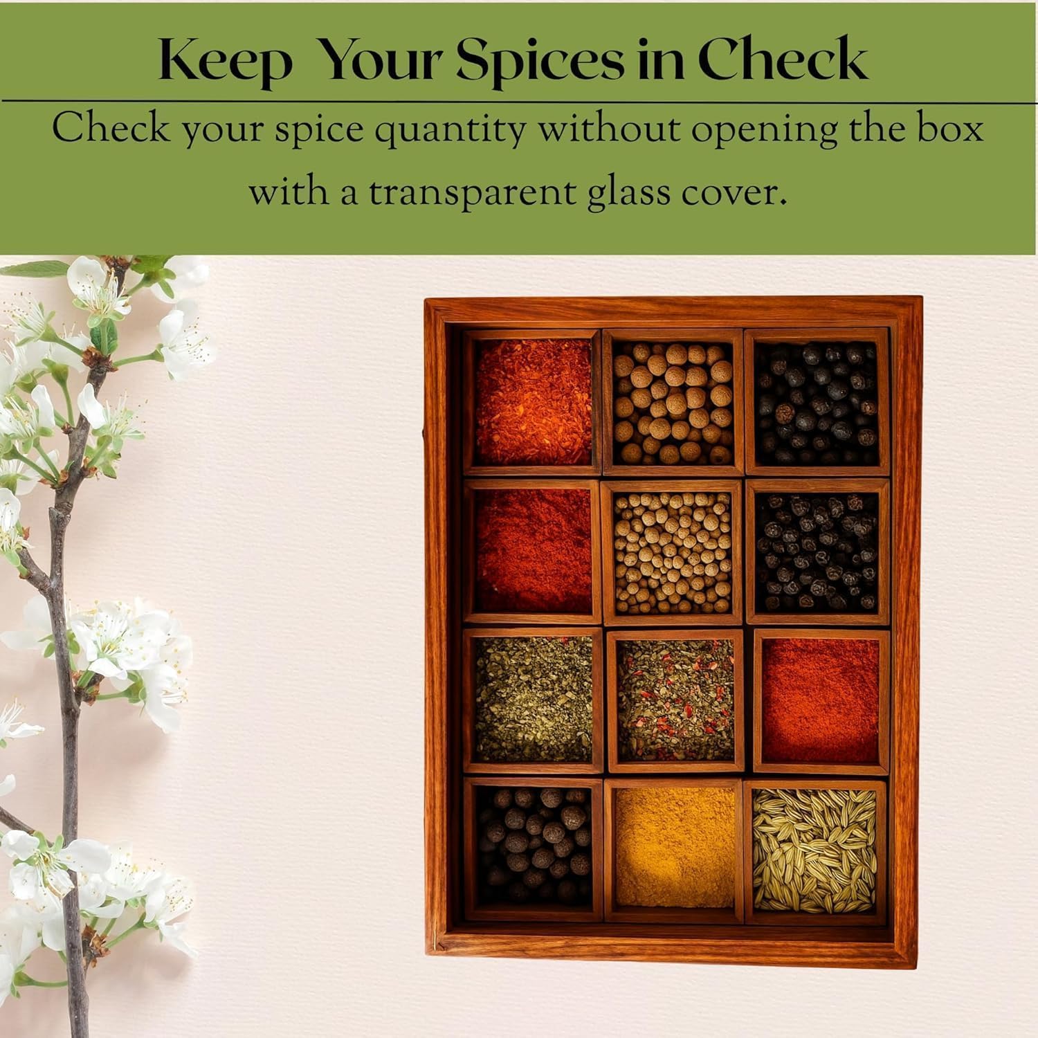 Wooden Spice Box with 12 Compartments, Decorative Storage Organizer, Includes Wooden Spoon