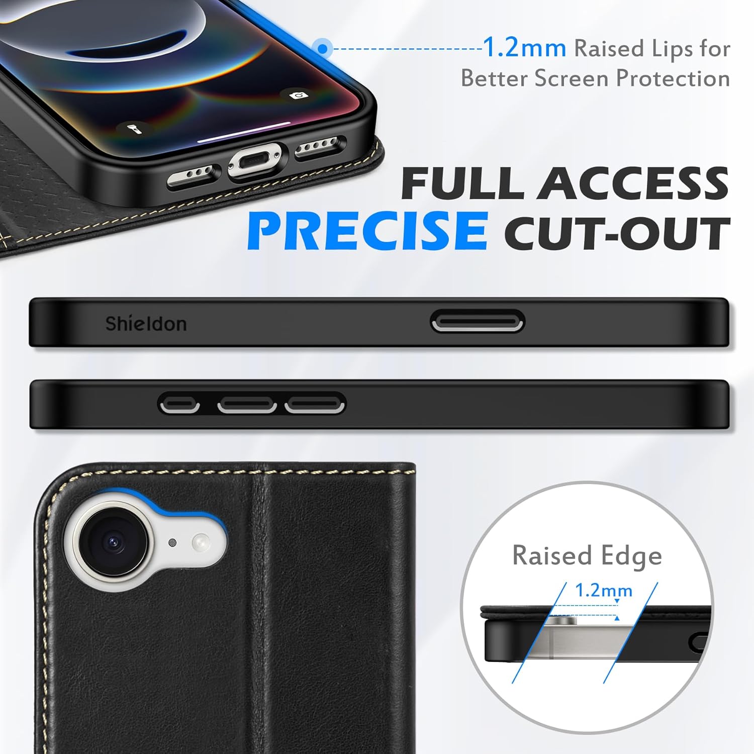 SHIELDON Wallet Case for iPhone 16e 2025, Genuine Leather Foldable Case Magnetic Closure Kickstand RFID Blocking Card Holder Shock-Absorbent Phone Cover Compatible with iPhone 16e 6.1" - Retro Black - Image 8