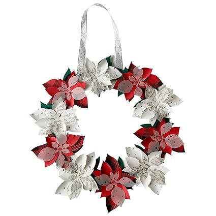 Pinfliers Christmas Party Paper Poinsettia Wreath, Christmas Decorations Item, 1, Green, Red and White, 11 inches in Diameter, Christmas Wreath for Door