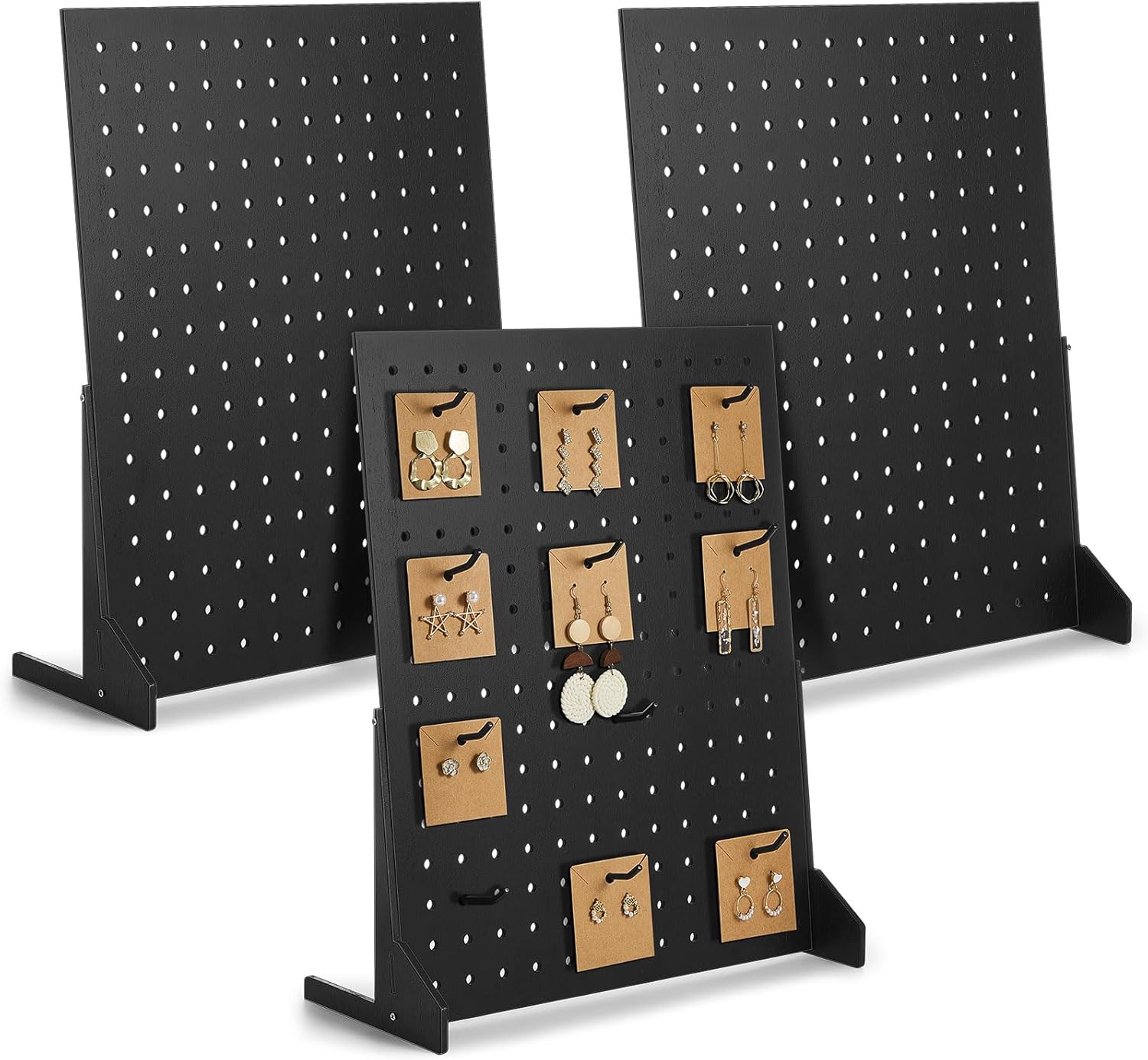 3 Pcs Wooden Pegboard Display Stand for Craft Shows Jewelry Rack Organizer for Earring Necklaces Keychain Peg Board(Black)