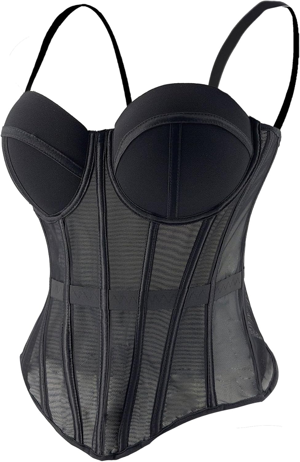 ELLACCI Women's Mesh Corset Bustier Top Elastic Waistband Lingerie Top with Removable Straps Black