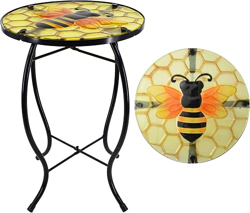 YNGFIL 13.5in Bee Side Table Hand-Painted Glass Iron Indoor Outdoor Accent