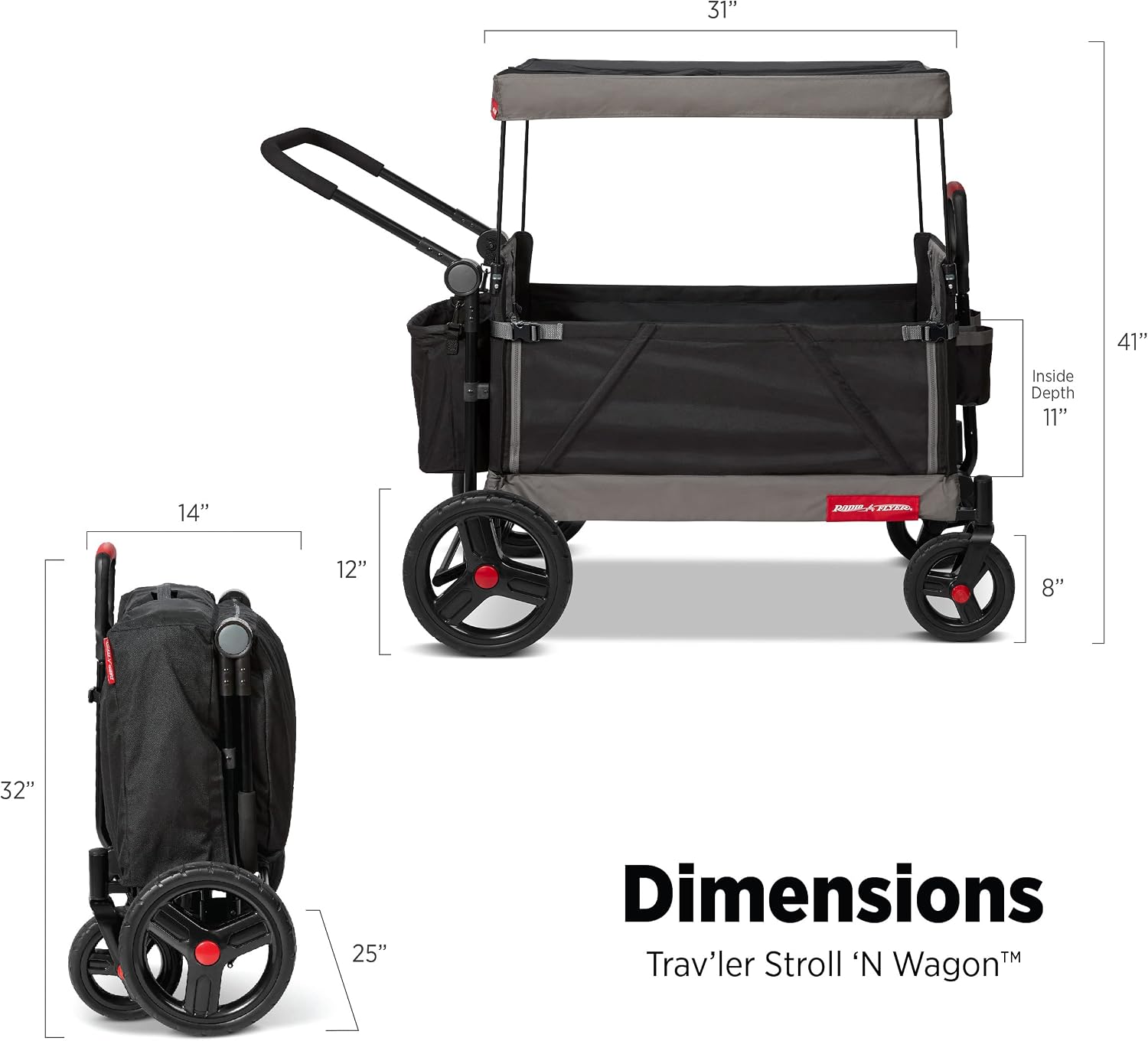Radio Flyer Trav-ler Stroll 'N Wagon, Black Push Wagon with Canopy, Storage Bag, and Cupholders, for Ages 1+ Years