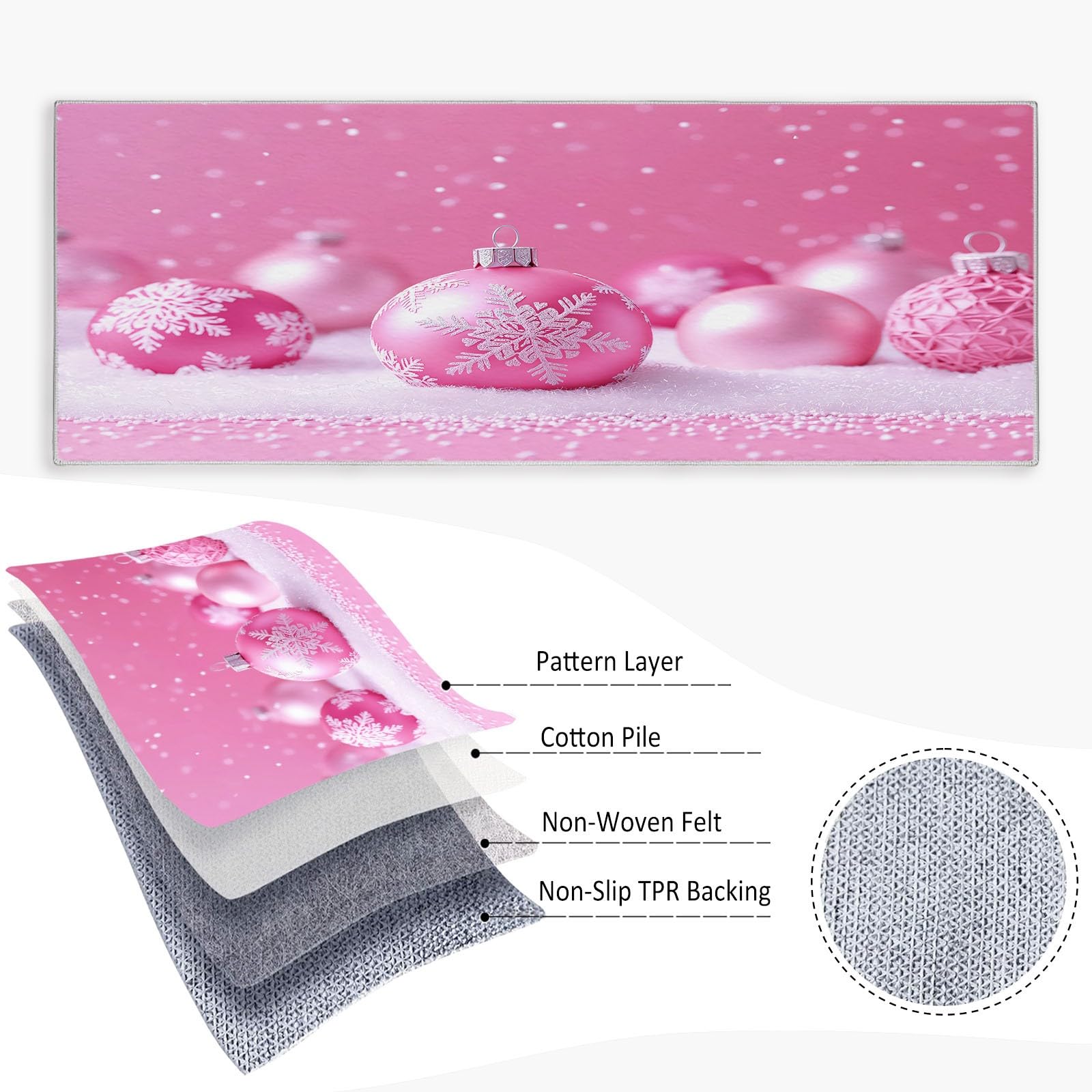 Generico Tappeto da Corridoio Antiscivolo 60 x 180 cm, Tappeto Passatoia Tema Natalizio Pelo Corto Palline Di Natale Rosa Fiocchi Di Neve per Corridoio Ufficio Entrata Casa Cucina da Ingresso